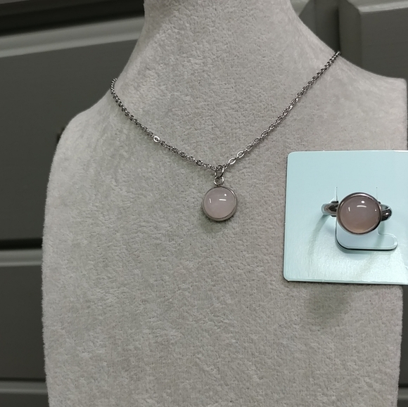 Rose Quartz Necklace Ring Set Natural Gemstone Adjustable Stainless-Steel 2pc - Picture 3 of 11